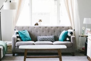 Bright modern living room interior with seating area