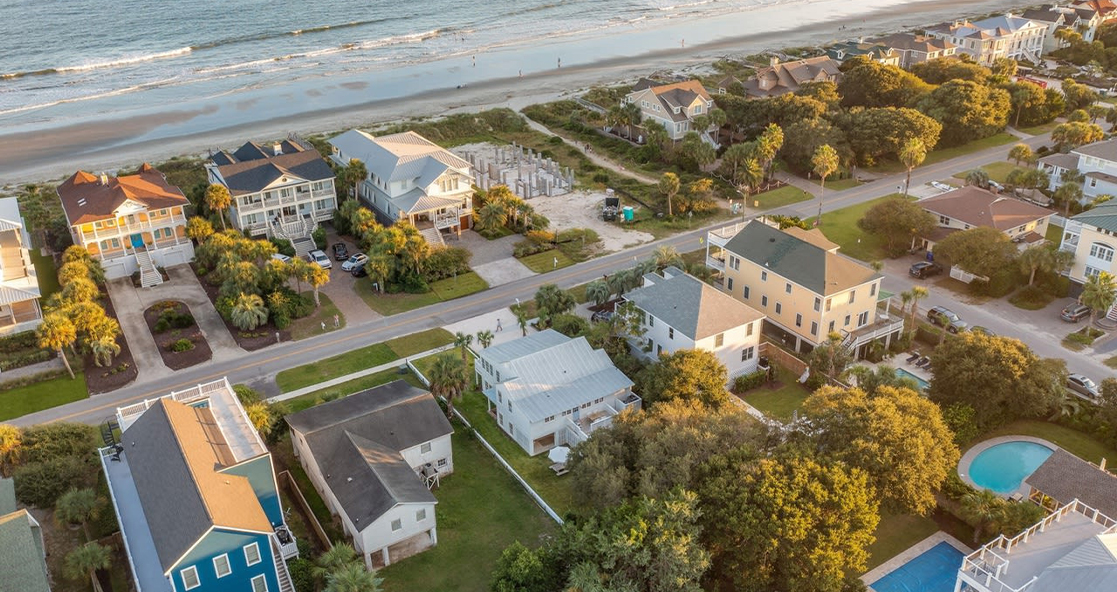 Aerial view of Isle of Palms vacation rental homes near the beach in South Carolina