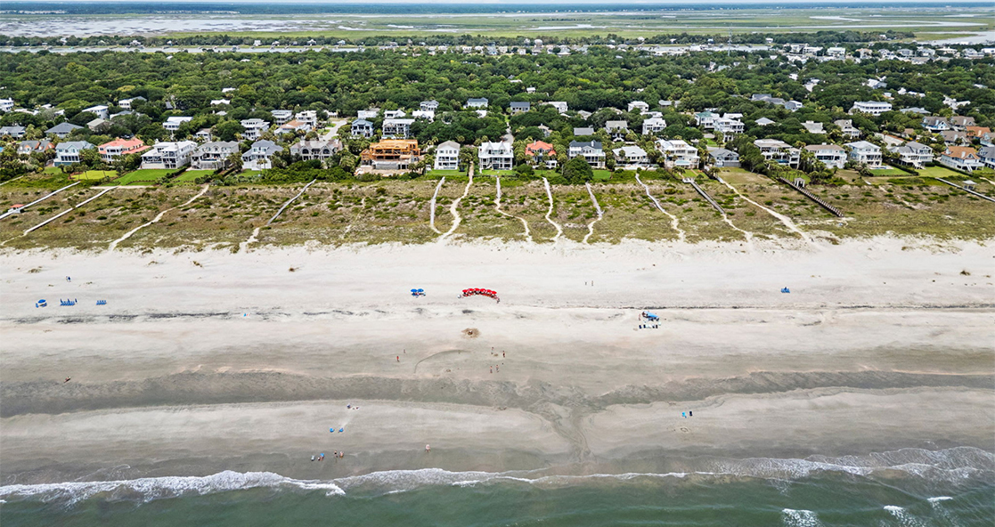 Aerial view of Isle of Palms beach and vacation rental homes in South Carolina